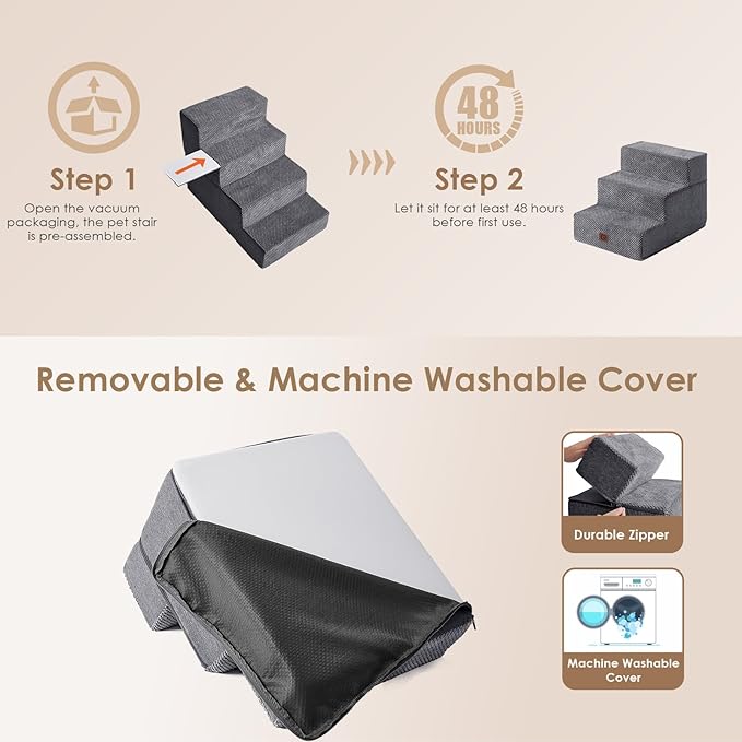 EHEYCIGA Dog Stairs for Small Dogs 13.5" H, 3-Step Dog Steps for Couch Sofa and Chair, Pet Steps for Medium Cats, Non-Slip Balanced Pet Ramp Indoor, Grey-PurrikoPets