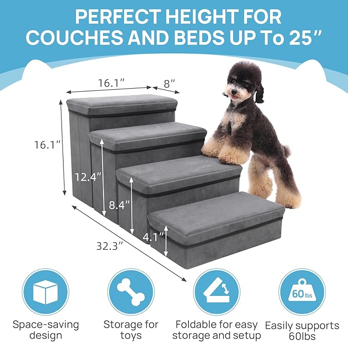 Foldable Dog Stairs 4 Tier Pet Steps, for Small Medium Dogs Pet Steps Storage Stepper for High Beds Sofa (4 Step)-PurrikoPets