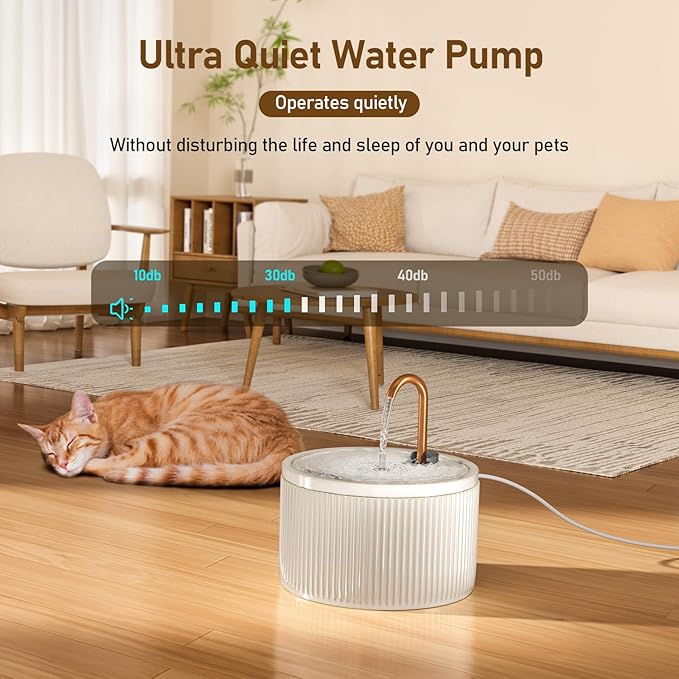 DOOOB Ceramic Cat Water Fountain, 2.1L/71oz Ceramic Cat Fountains, Automatic Pet Water Fountain for Cats, Pet Water Fountain with Ultra-Quiet Pump and 3 Filters & 3 Sponges (Beige)-PurrikoPets