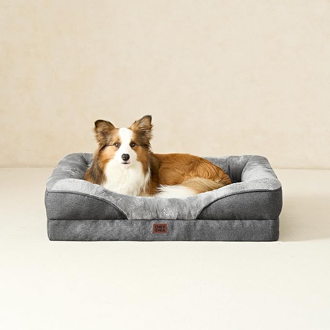 EHEYCIGA Memory Foam Dog Bed for Medium Size, Orthopedic Dog Sofa with Sides and Waterproof Liner, Washable Bolster Pet Couch with Removable Cover, 35x22x6.5 Inch, Grey-PurrikoPets