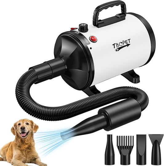 Dog Dryer High Velocity Dog Hair Dryer with 4 Nozzles 5.2HP/3800W (Professional Super Cyclone), Stepless Adjustable Speed Temperature Dogs Grooming Blow Dryer with Heater for Pets Hair Dryer, White-PurrikoPets