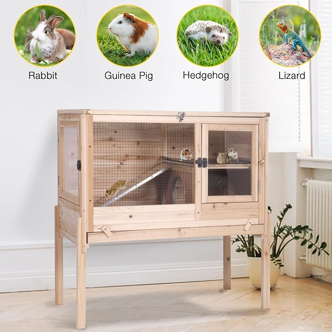 Aivituvin Wooden Guinea Pig Cages Indoor with Removable Stand, Anti Chewing Rabbit Hutch with Ramp and Wire Mesh, 2 Story Small Animals House Habitat with Pull Out Tray (Light Natural Wood)-PurrikoPets