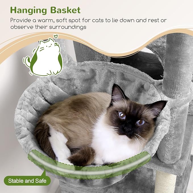Globlazer Cat Tree Tower, 76-Inch Extra Tall Multi-Level Cat Furniture with Cozy Condos, Hammock and Perches for Adult Cats, Perfect for Climbing, Scratching, and Play, F76, Light Grey-PurrikoPets