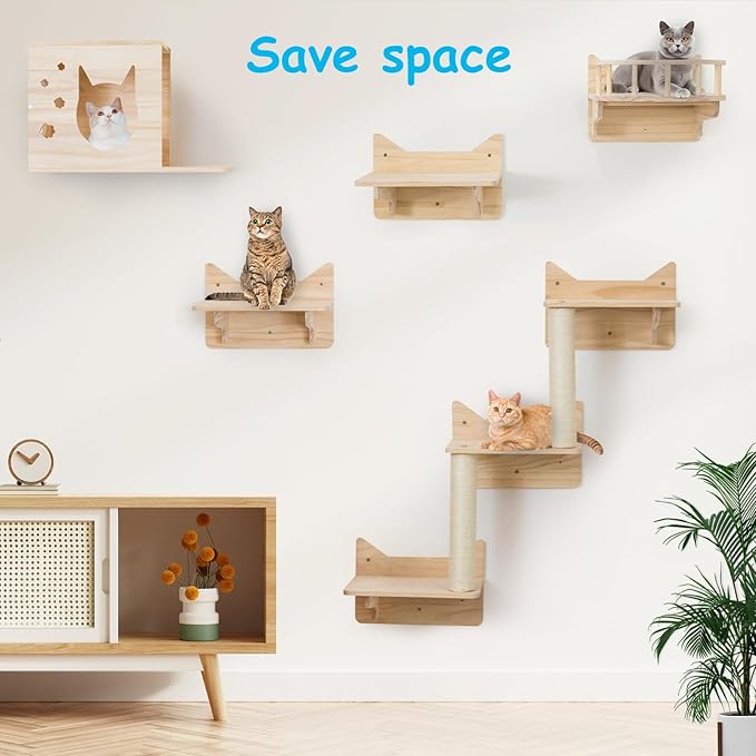 9-Piece Wall-Mounted Cat Shelves Set, House, Lookout Tower, 2 Sisal Scratching Posts, 5-Step Cat Wall Ladder, Pine Furniture, Extra-Wide & Long for Large Cats, Space-Saving Indoor Shelves-PurrikoPets