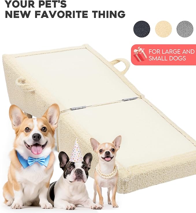 Dog Stairs for Small Dogs and Cats – 2-in-1 Dog Ramp for Bed and Couch, 16.5'' Foldable Wooden Pet Steps, Sturdy Multi-Use Split Ottoman Design, Beige-PurrikoPets