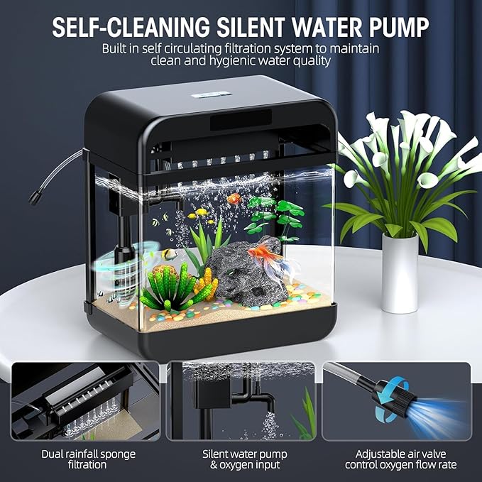 Fish Tank Aquarium 2.2 Gallon with Adjustable 3 Colors Lighting 3 in 1 Pump with Filteration, Oxygenation, Water Circulation Triple Function, HD Float Glass, Leak-Proof Thickened Base-PurrikoPets