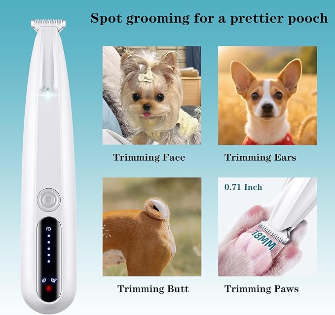 2 Mode Paw Trimmer for Dogs & Cats - Electric Quiet Dog & Cat Grooming Trimmer, Rechargeable Clipper with LED Light, 2 Blades, Waterproof for Paws/Ears/Face-PurrikoPets