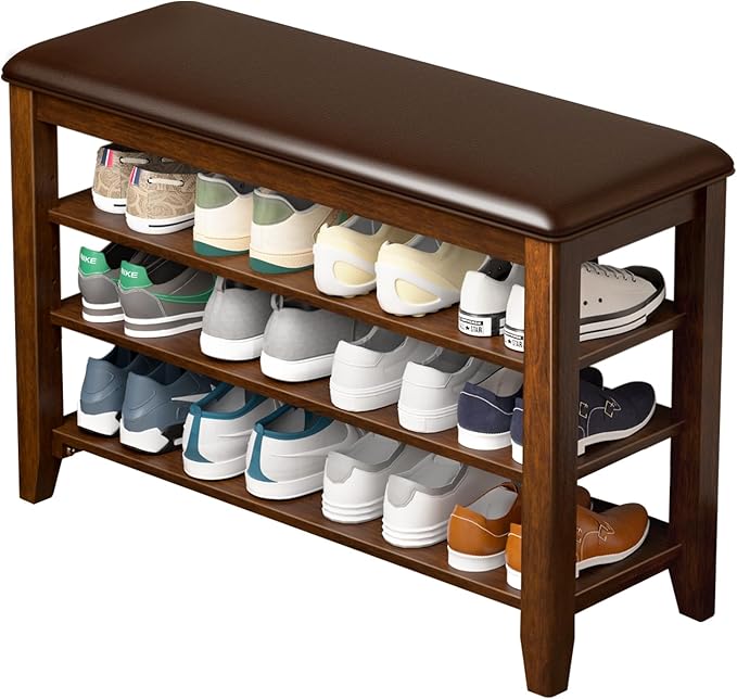 Entryway Shoe Storage Bench with Leather Cushion, Shoe Organizer Bench for Entryway, Ideal for Hallways Front Doors Entrances Mudrooms Featuring Rubberwood And 3 Height-Adjustable and Removable Shelve-PurrikoPets
