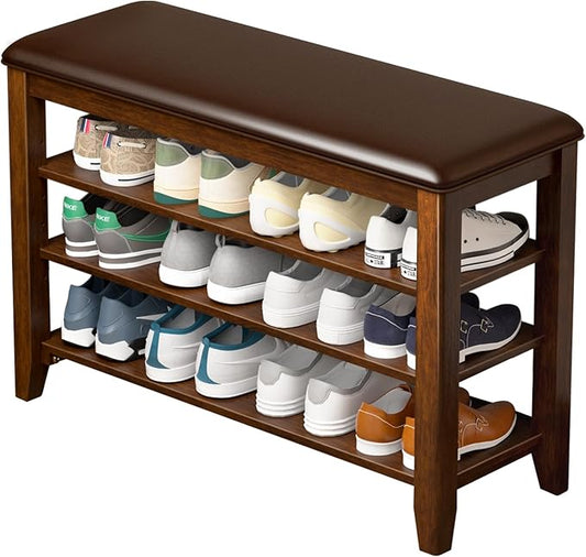 Entryway Shoe Storage Bench with Leather Cushion, Shoe Organizer Bench for Entryway, Ideal for Hallways Front Doors Entrances Mudrooms Featuring Rubberwood And 3 Height-Adjustable and Removable Shelve-PurrikoPets