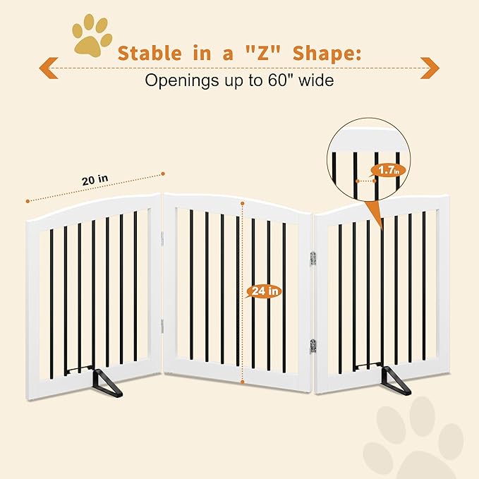 Freestanding Wooden Pet Gate for House, Foldable Indoor Dog Gate for Doorways, Stairs - 24" Height, 3 Panels, White-PurrikoPets