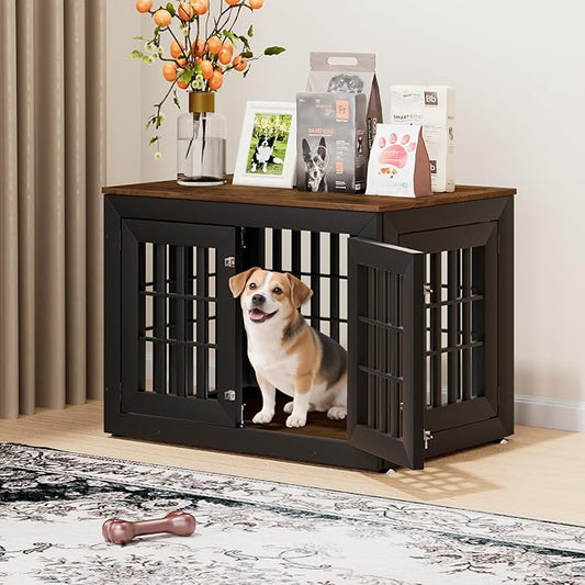 38" Heavy Duty Dog Crate Furniture for Small,Medium and Large Dogs,Rustic Wooden Dog Cage Kennel Indoor Furniture with Waterproof Top,Decorative Pet House Side End Table (Black & Wood)-PurrikoPets