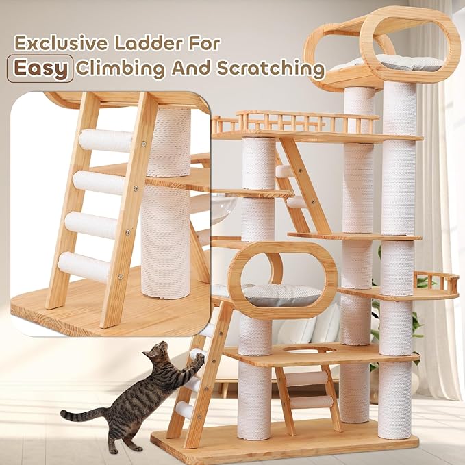 76.8'' Tall Modern Large Cat Tree,Multi-Level Wood Cat Tower for Indoor Cats Large Adults,Luxury Heavy Duty Cat Condo with Cushion,Scratching Posts,Clear Hammock Activity (76.8inch)-PurrikoPets