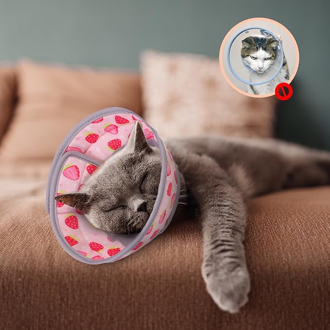 EXPAWLORER Cat Recovery Cone Collar- Soft Adjustable Pet Collar for After Surgery, Waterproof Elizabethan Protective Collar, Stop Licking Donut for Small Medium Kittens (Strawberries M (8.5-12 in))-PurrikoPets