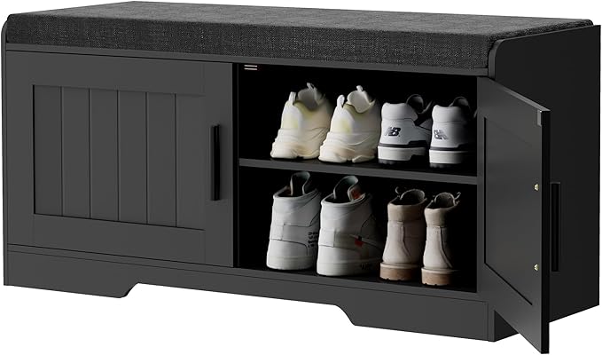 2-Tier Storage Bench, Shoe Bench with Thickened Padded Seat Cushion, Entryway Bench with 2 Doors, Adjustable Shelf, 13.8" D x 37.4" W x 18.5" H, for Entryway, Living Room, Bedroom, Black-PurrikoPets