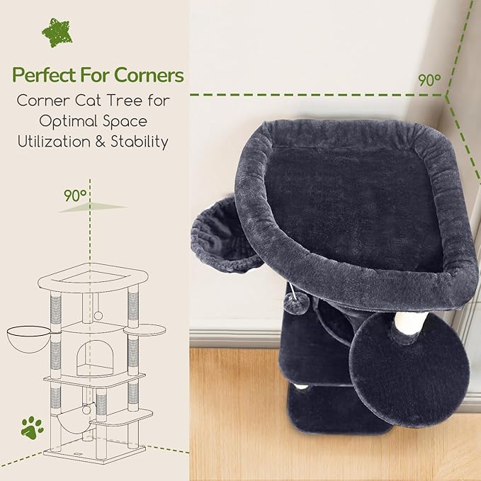 Globlazer Corner Cat Tree Tower for Indoor Cats, 51in Multi-Level Cat Condo Tower with Large Hammock, 7 Sisal Scratching Posts, Oversized Top Perch, Spacious Cat Cave, Hanging Basket, C51, Dark Grey-PurrikoPets