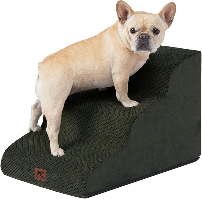 EHEYCIGA Curved Dog Stairs Ramp for Small Dogs 15.7" H, 3-Step Dog Steps for Couch Sofa and Chair, Pet Stairs for Cats, Non-Slip Balanced Pet Steps Indoor, Olive Green-PurrikoPets