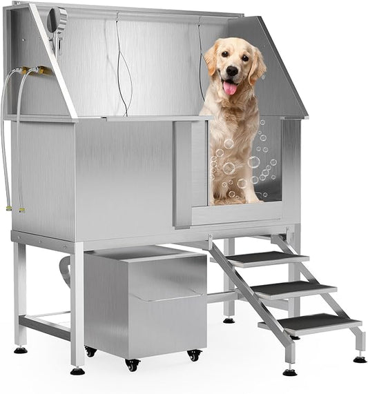50" Stainless Steel Professional Dog Washing Station - Pet Bathing Tub w/Non-Slip Stairs & Storage Shelf | Slip-Resistant Floor Grate | for Large/Medium/Small Dogs-PurrikoPets