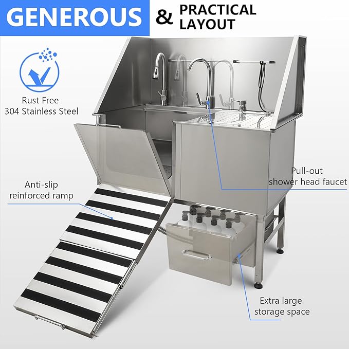 50" Dog Washing Station, Professional Stainless Steel Pet Dog Bathing Station with Ramp, Faucet, Storage Drawer, Floor Grate Dog Bathtub for Large, Medium, Small Pets (Left Ramp)-PurrikoPets