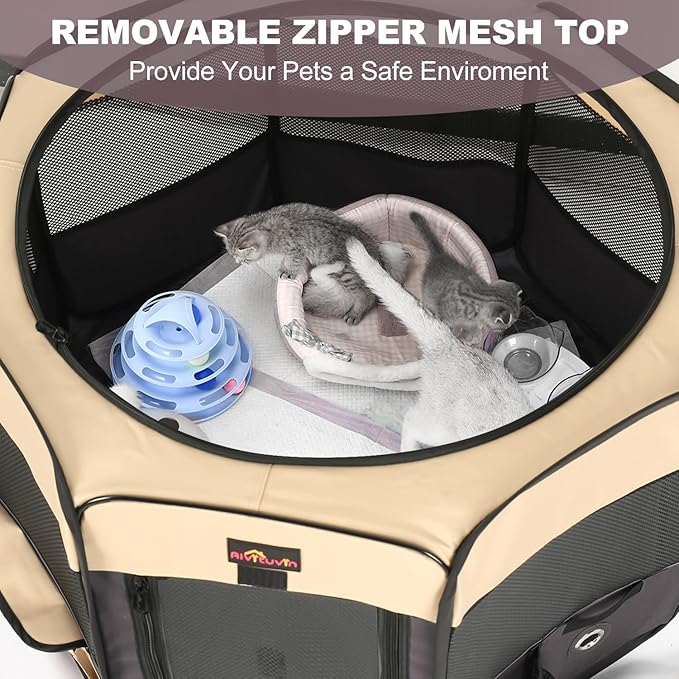 Aivituvin Portable Pet Playpen, Foldable Dog Tent Crate Cage for Puppies and Cats, Exercise Pop Up Dog Kennel with Carrying Case Indoor Outdoor, Waterproof and Zipper Top Cover Door, Brown-PurrikoPets