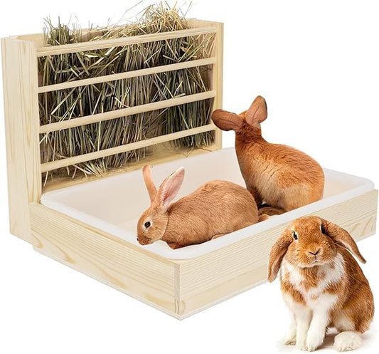 2 in 1 Wooden Rabbit Hay Feeder Box Safe Bunny Feeder Manger Grass Food Holder Rack Hay Holder with Toilet Rabbit Hay Feeder with Litter Pan Designed for Rabbits Guinea Pig Hamster Small Animals-PurrikoPets