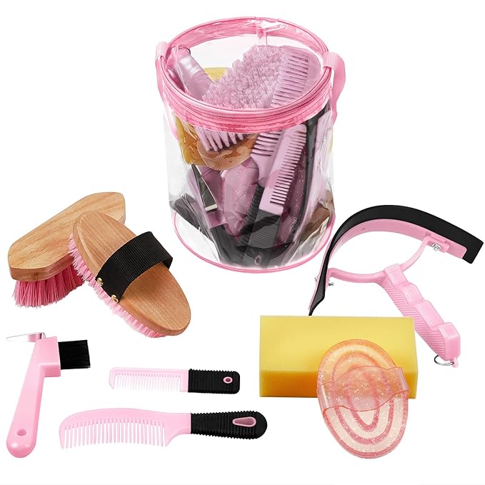 9 Pieces Horse Grooming Kit Tack Room Supplies Set with Organizer Tote Bag, Oval Massage Curry, Hard and Soft Brush, Hoof Pick, Sweat Scraper, Bathing Sponge, Combs for Horse Riders Beginners (Pink)-PurrikoPets