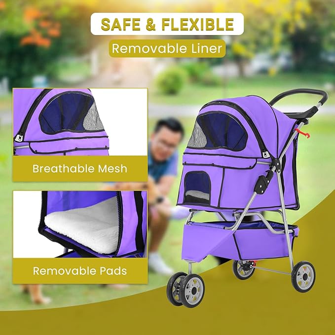 Foldable Pet Stroller,Dog Stroller with 3 Wheel,Pet Strolling Cart,Dog Travel Carrier with Storage Basket and Cup Holder for Dog Puppy,Purple-PurrikoPets
