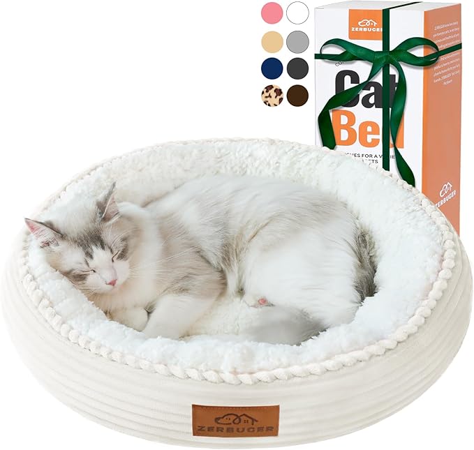20in Cream Round Cat Dog Bed Gift for Large Medium Small Dogs Cats, Machine Washable Sleeping Sofa, Non-Slip Bottom Breathable Soft Calming Pet Cuddler for Indoor/Outdoor/Car/Cage-PurrikoPets
