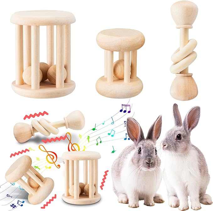 3 Pcs Natural Wooden Bunny Toys, Safe Rabbit Toys for Guinea Pig Chinchillas Hamsters Small Animals Playing Teeth Grinding Indoor Outdoor-PurrikoPets