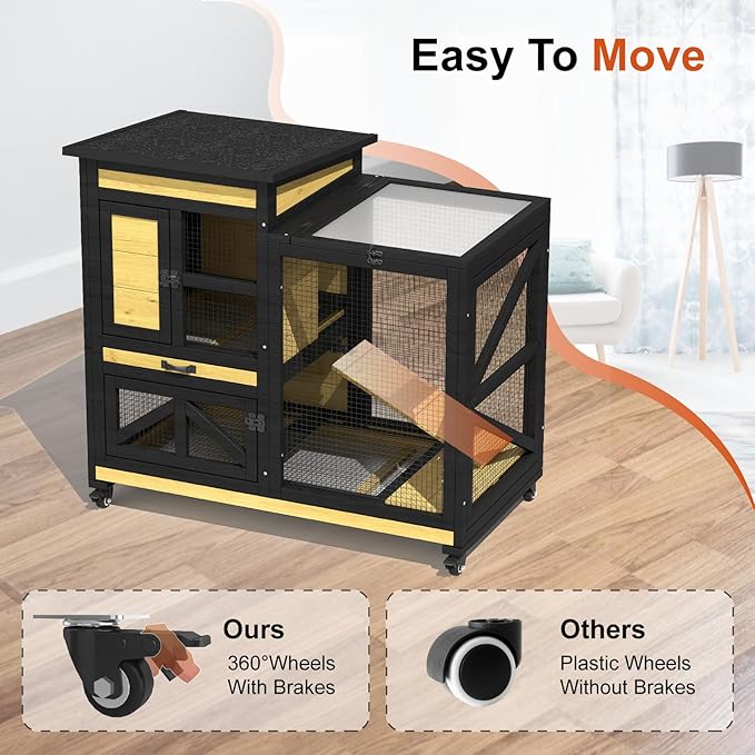 40'' Rabbit Cage Bunny Cage Indoor, Outdoor Rabbit Hutch for Small Animals, 2-Story Wooden Guinea Pig Cages with Wheels & 2 Deeper No Leak Trays, Waterproof Openable Roof & Bottom Wire Mesh-PurrikoPets