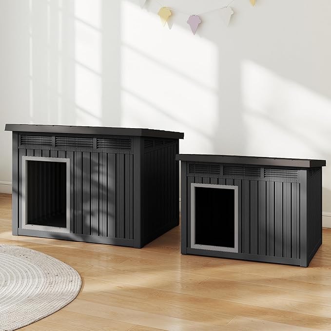 Dog House Indoor Outdoor,Resin Waterproof Puppy Shelter with Air Vents and Elevated Floor,Air Rod on Top to Open,Dog Kennel for Small to Large Dogs(Black,42.87 * 32.95 * 31.61)-PurrikoPets