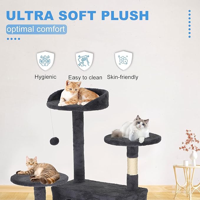 FDW Cat Tree Tower 62in Multi-Level Durable Cat Scratching Post & Cozy Fun Jumping Platform Space Saving Condo Pet Play House for Indoor Cats,Dark Gray-PurrikoPets