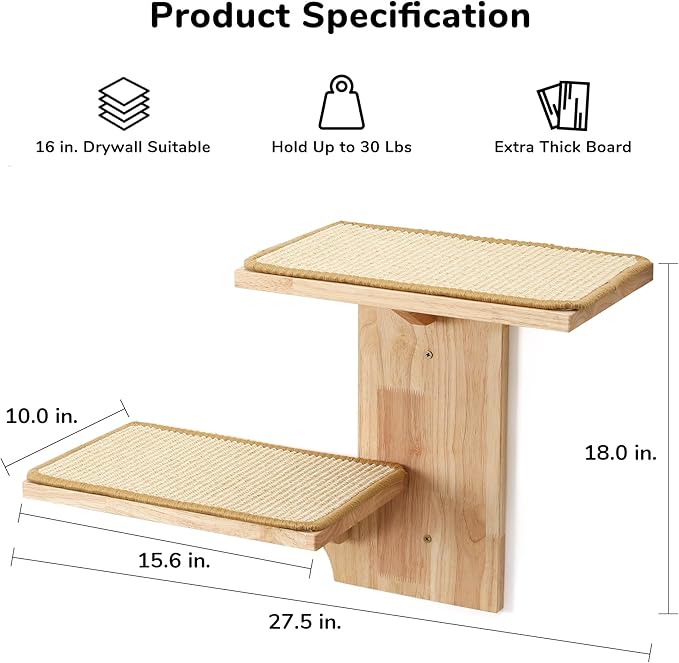 FUKUMARU Cat Wall Shelves, 2 Platform Kitten Wall Furniture, Tree Shape Wall-Mounted Floating Shelf with Sisal Mat, Solid Rubber Wood Cats Perch for 16 Inch Drywall, Suitable for Climb, Play, Nap-PurrikoPets