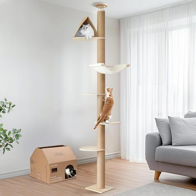 FUKUMARU Floor to Ceiling Cat Tree, 6 Level Adjustable Height (6-10 ft) Climbing Tower with Thickened Scratching Posts, Cats Activity Center with Cozy Hammock - Beige-PurrikoPets