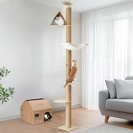 FUKUMARU Floor to Ceiling Cat Tree, 6 Level Adjustable Height (6-10 ft) Climbing Tower with Thickened Scratching Posts, Cats Activity Center with Cozy Hammock - Beige-PurrikoPets