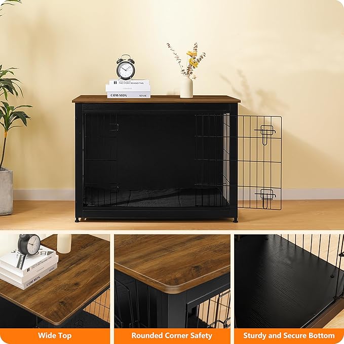 DWANTON Dog Crate Furniture with Cushion, Wooden Kennel Table with Double Doors, Indoor Dog House, Large Size, 38.5" L, Black+Warm Brown-PurrikoPets