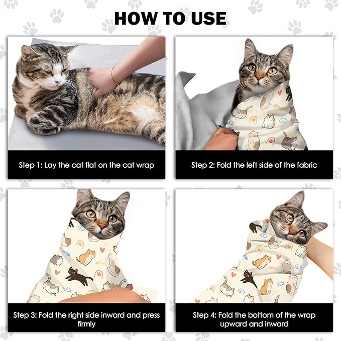 27.6"Cat Grooming Wrap, Self Adhesive Cat Wrap for Cutting Nails, Anti-Escape Calming Cat Swaddle Wrap for Medicine Ear Cleaning, Anti-Scratch Cats Burrito Restraint Blanket, Multifunctional Pet Tool-PurrikoPets