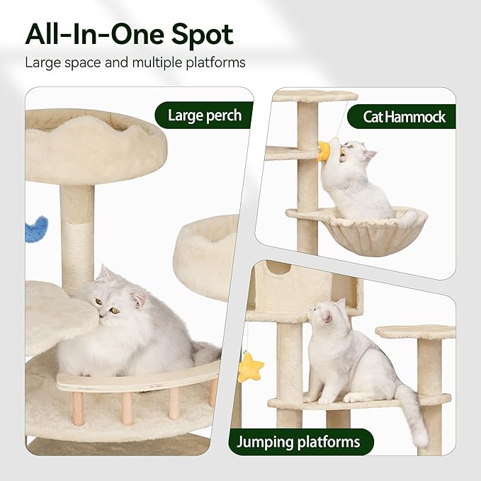 85inch Heavy Duty Cat Tree for Indoor Cats Large Adult, Tall Giant Cat Tower with Scratching Post, Large Perches, Cozy Cat Condos & Hanging Hammocks, Beige-PurrikoPets