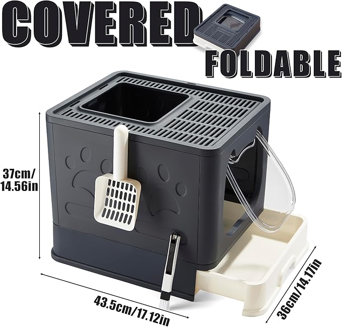 Gefryco Litter Box with Lid for Small to Medium Cats, Enclosed Cat Litter Box with Cover，High Sided Top Entry Cat Box with Brush and Scoop, Cute Kitty Litter Pan with Drawer for Growing Kitten(Black)-PurrikoPets
