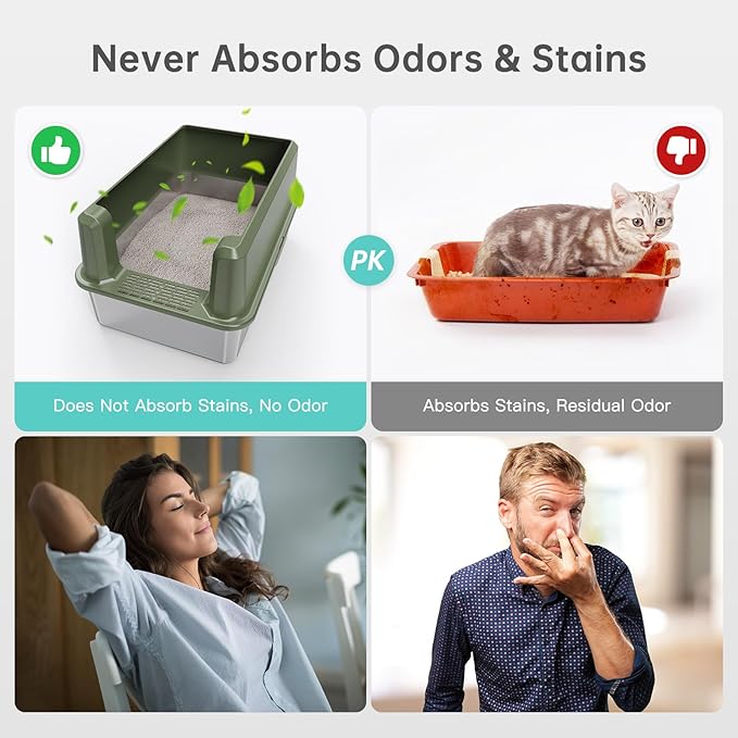 Enclosed Stainless Steel Cat Litter Box with Lid, XL Extra Large Litter Box for Big Cats, Metal Litter Pan High Sided, Never Absorbs Odors, Anti-Urine Leakage, Include Scoop (Green)-PurrikoPets