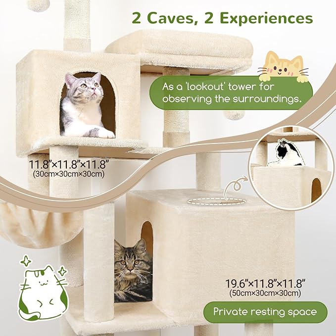 Globlazer Cat Tree Tower, 76-Inch Extra Tall Multi-Level Cat Furniture with Cozy Condos, Hammock and Perches for Adult Cats, Perfect for Climbing, Scratching, and Play, F76, Beige-PurrikoPets