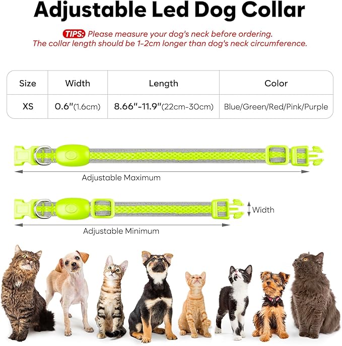 Flashseen LED Cat Collar,Light Up Dog Collar Rechargeable, Dog Lights for Night Walking, Comfortable Soft Mesh Pet Collar Adjustable for Cats Puppy and Small Dogs(Neon Green, XS)-PurrikoPets