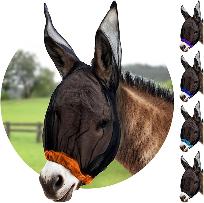 Donkey Fly Mask with Long Ears (Orange) Made in USA - Mule Fly Mask with Ears Protection from Insects and Bugs, Mini Donkey Soft Mesh Fabric with Adjustable Fastener, Face Cover Supplies for Donkeys-PurrikoPets