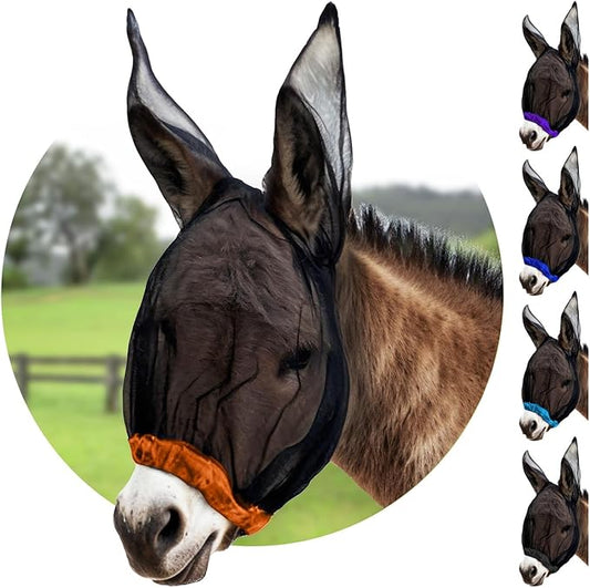 Donkey Fly Mask with Long Ears (Orange) Made in USA - Mule Fly Mask with Ears Protection from Insects and Bugs, Mini Donkey Soft Mesh Fabric with Adjustable Fastener, Face Cover Supplies for Donkeys-PurrikoPets