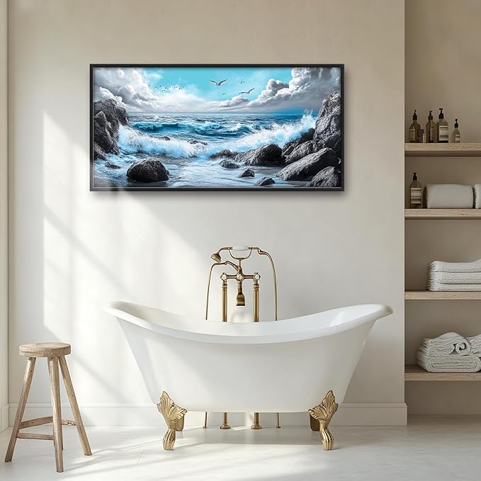 Extra Large Framed Abstract Sea Ocean Wall Art,Black and White Wall Decor, Coastal Seashore Pictures for Living Room,Canvas Print Painting Modern Artwork Bedroom Office Bathroom 60L x 30W-PurrikoPets