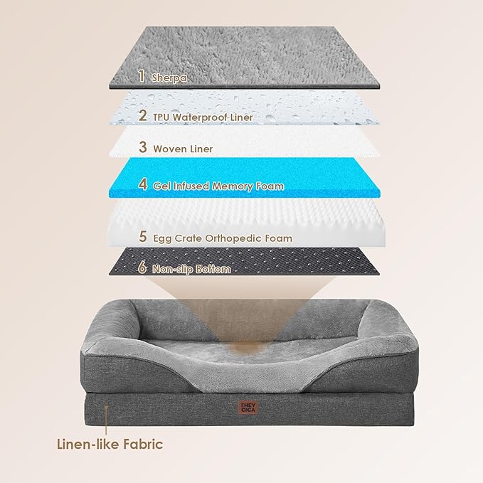 EHEYCIGA Memory Foam XXL Dog Bed for XLarge Sized, Extra Large Orthopedic Dog Sofa with Sides and Waterproof Liner, Washable Bolster Pet Couch with Removable Cover, 52x41x8 Inch, Grey-PurrikoPets