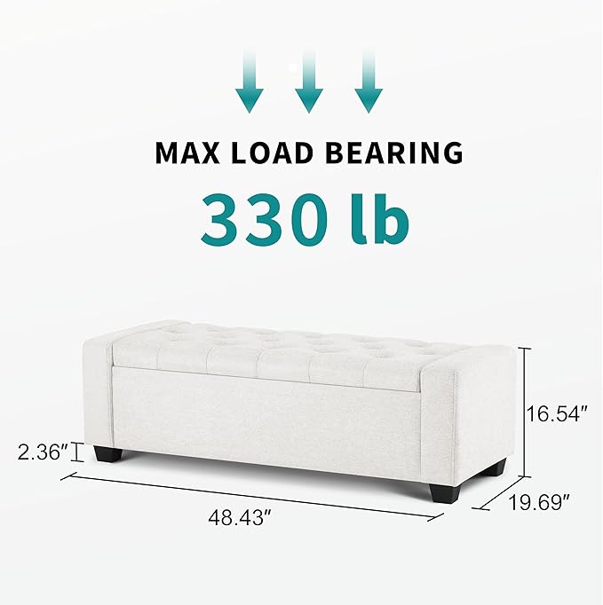 48" Ottoman with Storage, White Storage Ottoman Bench with Safety Hinge, Upholstered Entryway Bench with Seating for Bedroom, Living Room, Holds up to 330 lb-PurrikoPets