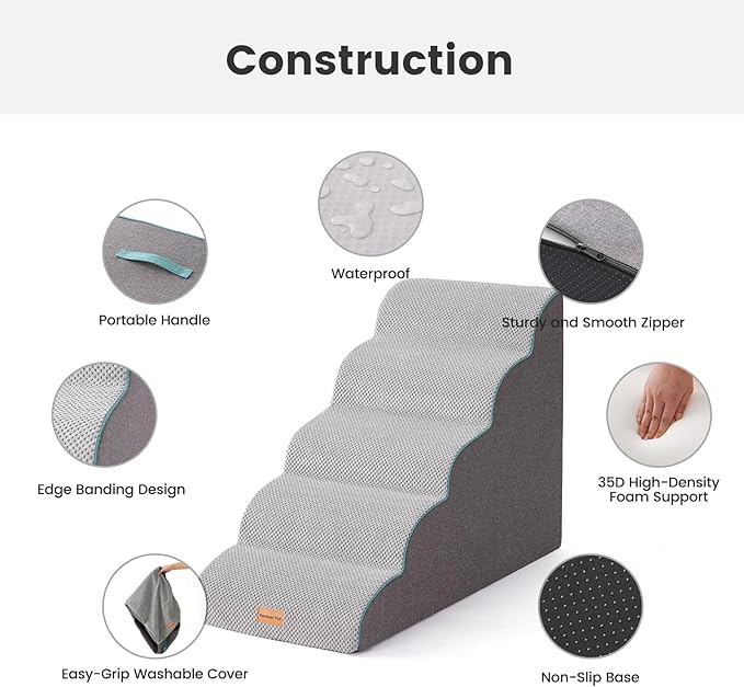 Gardner Pet Dog Stairs for Small Dogs 22.8" H, Curved 5-Step Pet Stairs, Dog Steps for High Bed, Couch (24-30 in) with Durable Non-Slip Waterproof Fabric Cover and CertiPUR-US Certified Foam-PurrikoPets