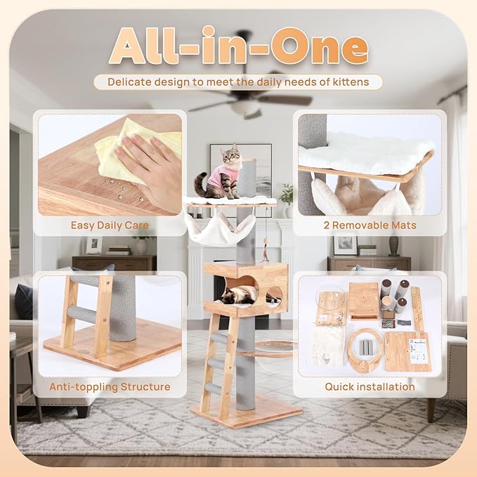 63-inch Modern Cat Tree, Luxury Cat Tower with Scratching Post, Unique Cat Condo with Hammock, Heavy Duty Kitty Climbing Tree for Indoor Cat, Wooden Kitty House for Small Medium Large Cats-PurrikoPets