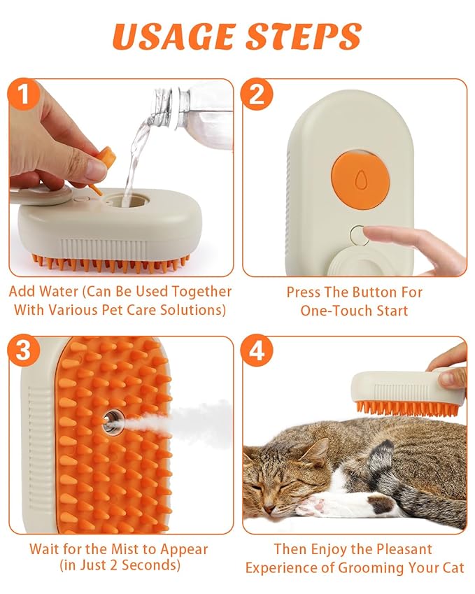 6 in 1 Cat Steam Brush for Shedding, Portable Anti-Static Grooming Comb for Cats & Dogs, Steam Misting Water Brush, Self-Cleaning Pet Hair Remover, Indoor Cat Spray Brushes for Cats & Dogs-PurrikoPets