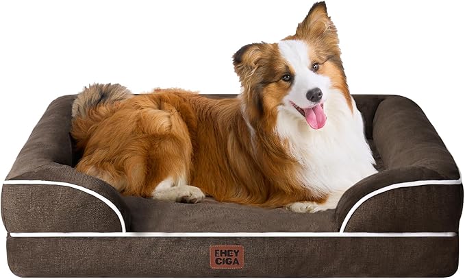 EHEYCIGA Orthopedic Dog Beds for Large Dogs, Waterproof Memory Foam Large Dog Bed with Sides, Non-Slip Bottom and Egg-Crate Foam Pet Couch Bed with Washable Removable Cover, Brown-PurrikoPets
